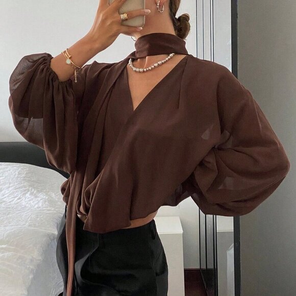 Tops - Brown Casual Women's Loose Long Sleeve Tie Shirt Blouse